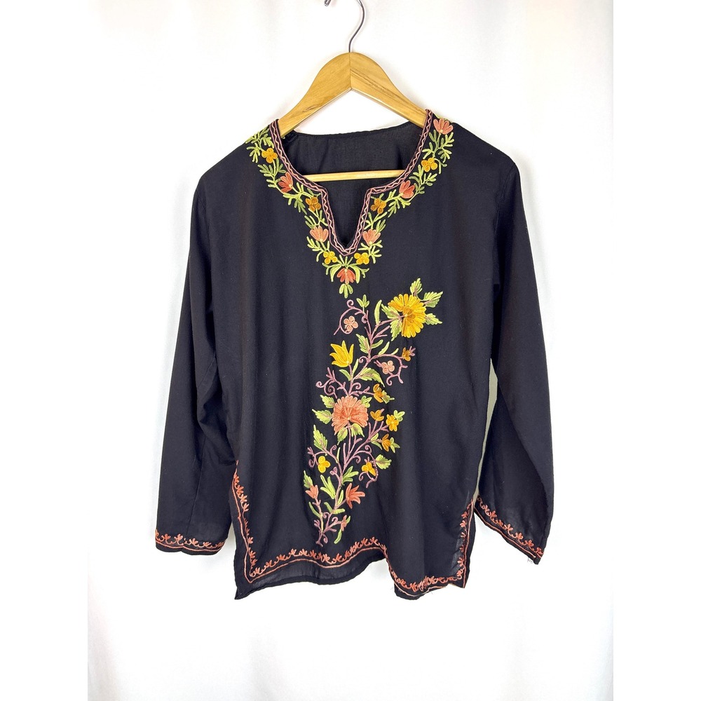 Unbranded Black Floral Embroidered Long Sleeve Tunic Blouse Split V-Neck Boho